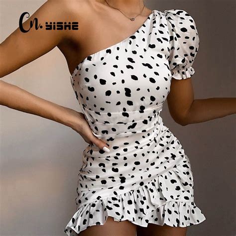 Cnyishe 2020 Summer Ruffled Print One Shoulder Dress Women Fashion Party Ruched Slim Female