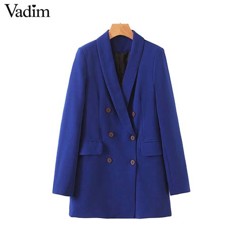 Vadim Women Formal Blue Blazer Double Breasted Pockets Back Split Long