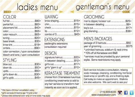 As well as being able to download a copy of our price list, we've taken the time to add a price list to the webpage for easy reference. Viva Voce Hair Salon Menu with services and prices