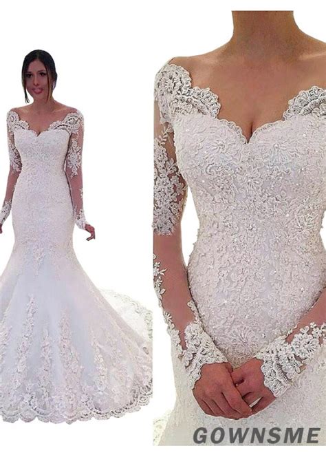 2018 vintage lace long sleeve wedding dress bridal gown white ivory open back. Trumpet/mermaid V Neck Court train Tulle lace wedding ...
