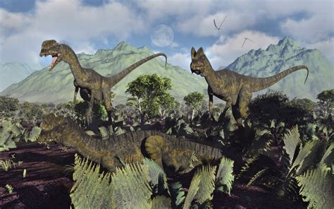 A Small Pack Of Dilophosaurus Dinosaurs During Earths Jurassic Period