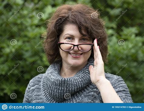 Portrait Of Curly Woman In Red Glasses On Nature Stock Image Image Of