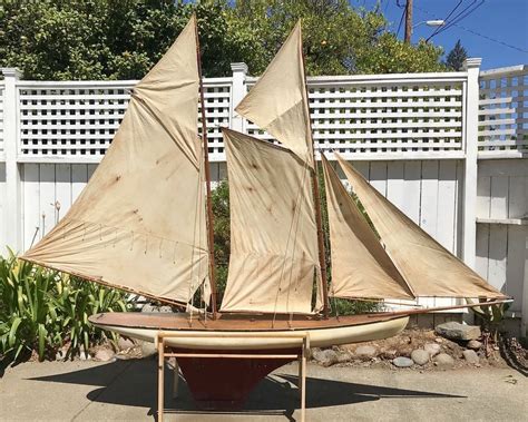 Huge Antique Vintage Model Wooden Pond Boat Pond Yacht Schooner Ship