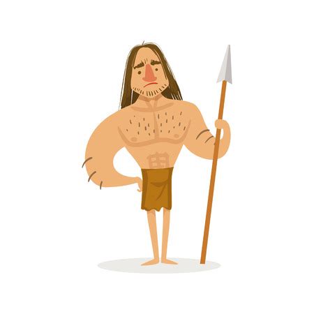 Tall Muscly Warrior With A Spear Wearing Loincloth Cartoon Illustration