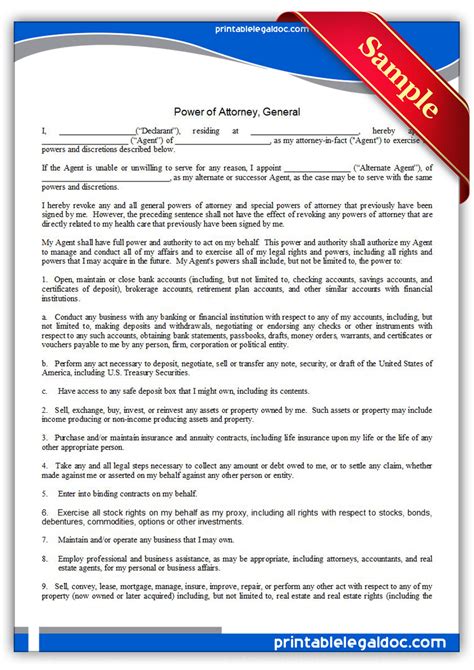 Return from free power of attorney to home page. Free Printable Power Of Attorney, General Form (GENERIC)