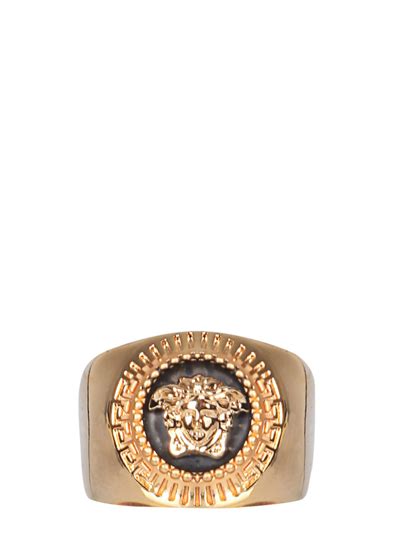 Versace Medusa Round Enamel Ring In Goldblack Modesens