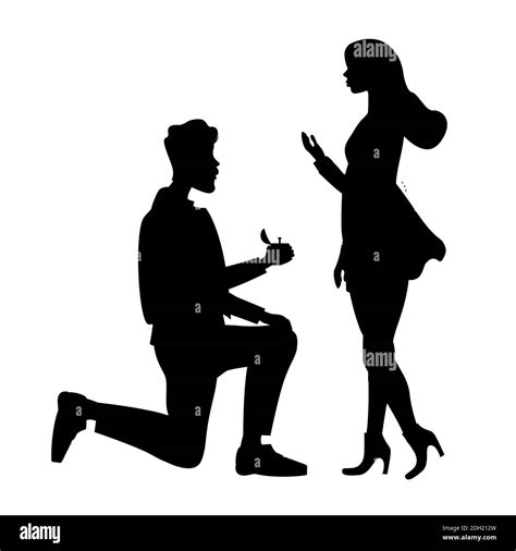 Silhouettes Of Man Doing Marriage Proposal To Woman Black And White
