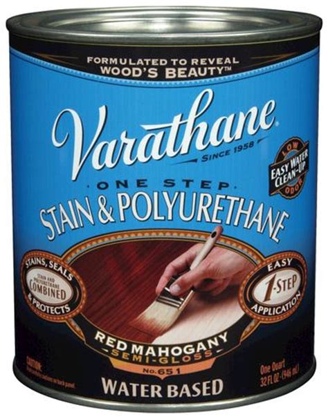 Stir the stain in its container to assure a consistent color throughout the stain. Varathane® One Step Red Mahogany Water-Based Stain ...