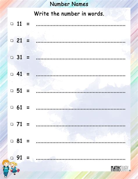 Our name writing practice sheets also uses cursive text alongside the plain text, demonstrating correct handwriting to your children. Write Numbers in words - Math Worksheets - MathsDiary.com