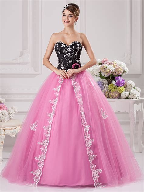 Black Pink Ball Gown Prom Gowns Sweetheart White Lace
