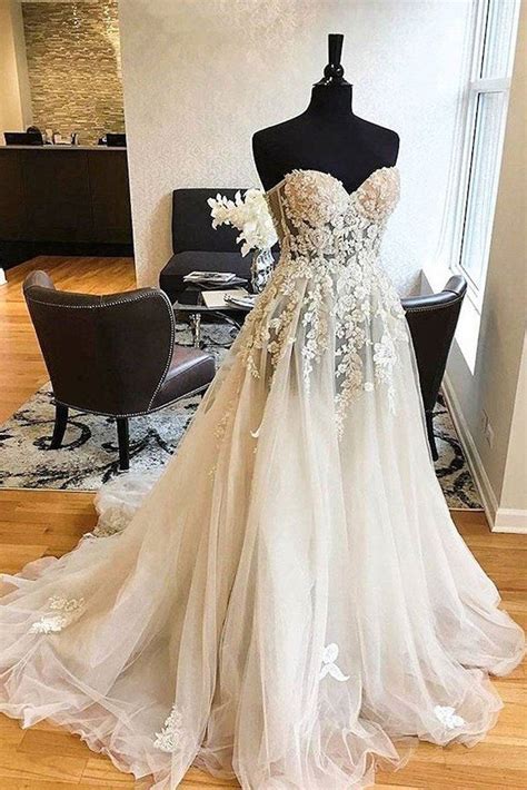 White Tulle Lace Strapless Long Prom Dress Wedding Dresses In Wedding Dress Tulle Lace