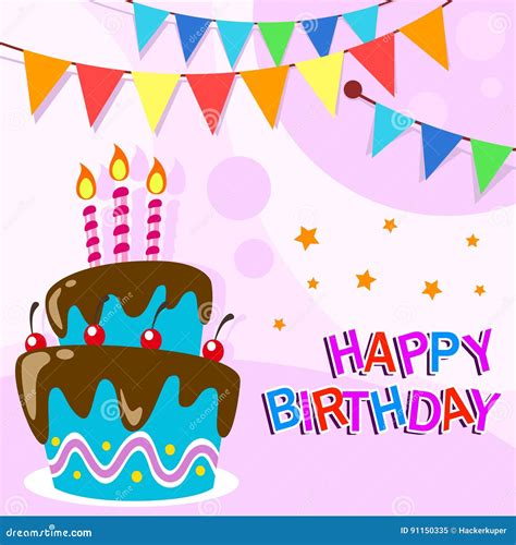 Vector Happy Birthday Card Template With Fun Cartoon Birthday Cake