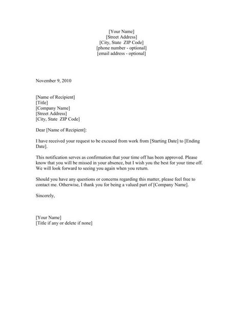 Sample Letter Leave Of Absence Approval Vacation Or Leave Of Absence