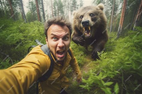 premium ai image man running away from scary bear in forest generative ai