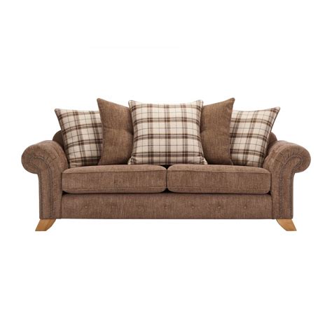 Montana 3 Seater Pillow Back Sofa In Brown Tartan Cushions