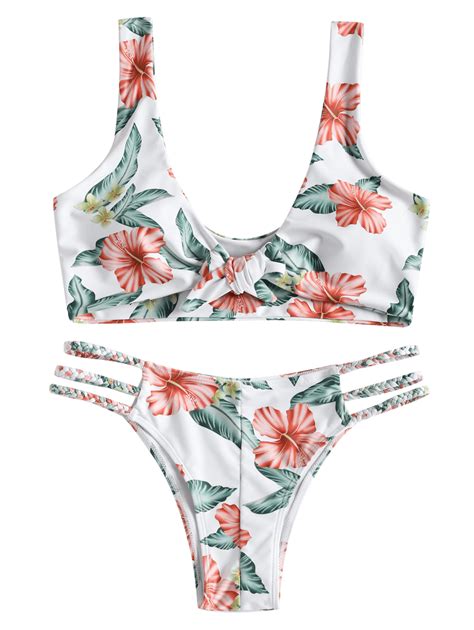 Knotted Floral Swim Bra And Braided Straps Bottoms High Neck Bikini