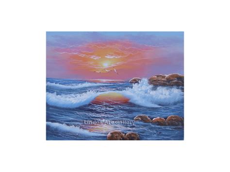 Blue Sunset Waves Seascape Oil Painting Lindos Art Gallery