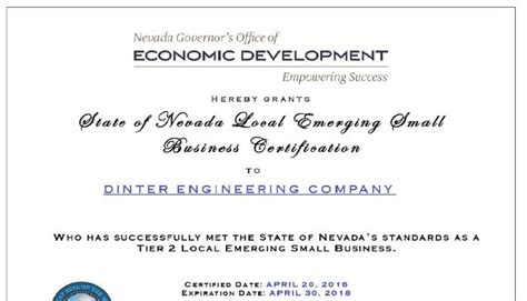 Dinter Receives Certification As Nevada Local Emerging Small Business Esb
