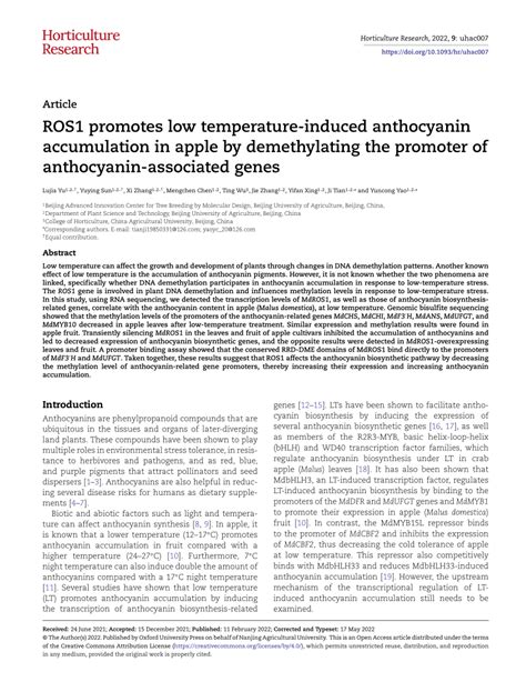 Pdf Ros1 Promotes Low Temperature Induced Anthocyanin Accumulation In