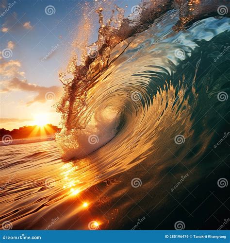 Breaking Barrel Wave For Surfing With Warm Sunset Background Stock