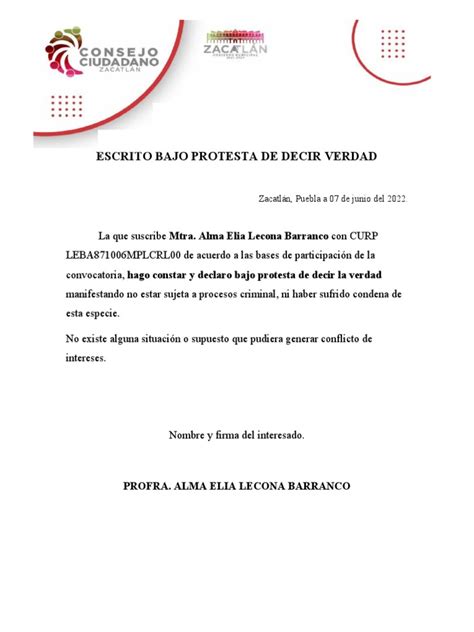 Escrito Bajo Protesta De Decir Verdad Pdf