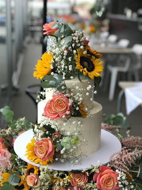 Floral Wedding Cake With Sunflowers And Pink Roses In 2023 Sunflower