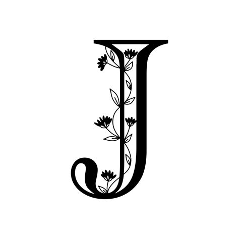 Floral Botanical Alphabet Vintage Hand Drawn Monogram Letter J Letter