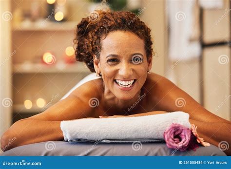 spa wellness and woman in massage and body therapy portrait happy and relax with stress relief