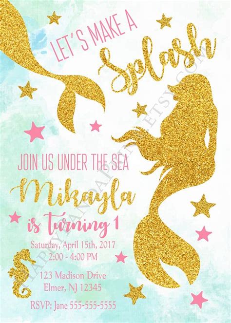 Mermaid Birthday Invitation Gold Glitter Mermaid Invitation Etsy