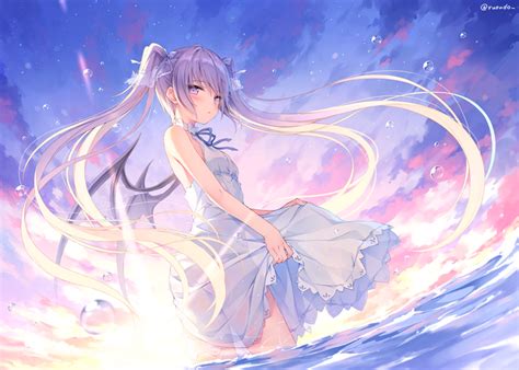 Purple Hair Long Hair Anime Girls Dress Sun Dress Sky Wings