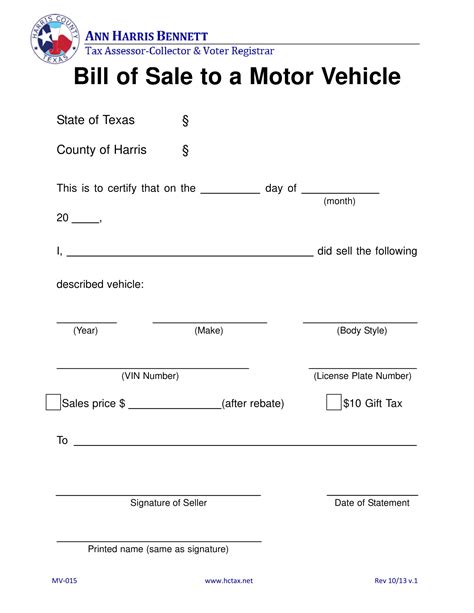 Free Texas Car Bill Of Sale Template Fillable Forms