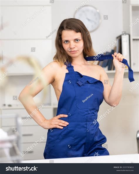 Portrait Naked Woman Cleaner Overall Standing Stock Photo