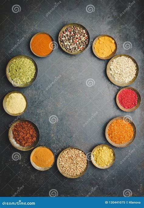 Various Bowls Of Spices Over Dark Background Stock Image Image Of