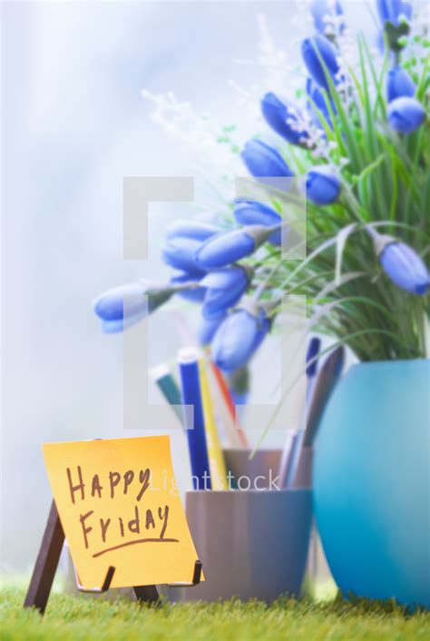 Happy Friday And Blue Flowers In A Vase — Photo — Lightstock