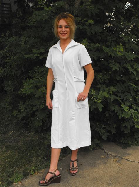Vintage Nurse Uniform Zip Up Down Dress White 70s M L