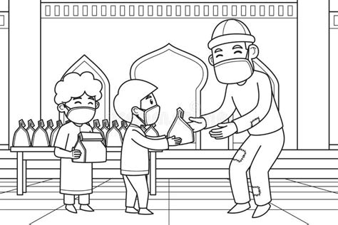 Colouring Page Of Moslem Children Dressed In Ramadan Clothes Stock