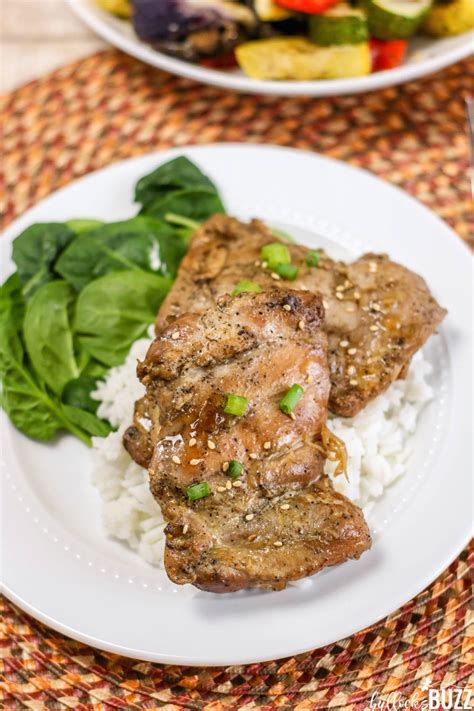 Quick and easy grilled chicken thighs, perfect served on a bed of rice with vegetables and fresh fruit like peaches, mango and pineapple. Grilled Sesame Chicken Thighs Recipe - Bullock's Buzz