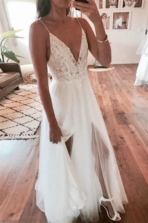 Flowy Spaghetti Straps Ivory Lace Tulle Long V Neck Beach Wedding In