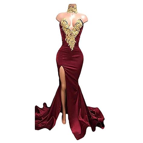 Sexy Burgundy Prom Dresses Gold Lace Appliqued Mermaid Prom Dress Front