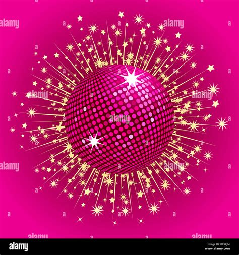 Sparkling Pink Disco Ball With Gold Stars Bursting Out From Background