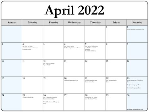 April 2022 With Holidays Calendar