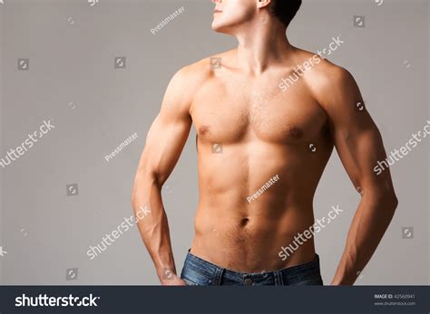 Torso Shirtless Man Jeans Posing Front Stock Photo Edit Now