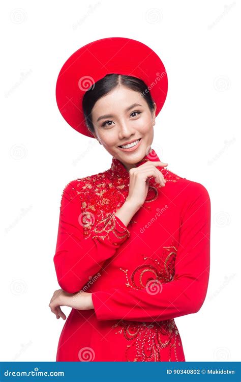 Charming Vietnamese Bride In Red Ao Dai Traditional Dress With H Stock