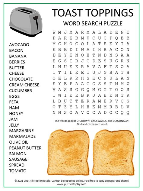 Toast Toppings Word Search Puzzle Puzzles To Play
