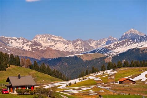 Scenery Switzerland Mountains Houses Grasslands Jakobshorn Davos