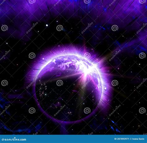 Fantasy Purple Illuminated Planet With Backdrop Stars And Nebula Stock