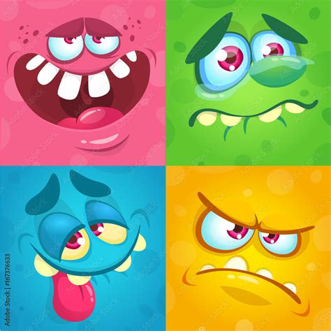 Cartoon Monster Faces Set Vector Set Of Four Halloween Monster Faces Or Avatars Print Design
