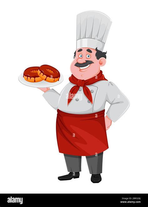 Handsome Chef Cartoon Character Holding Plate With Doughnuts Cheerful
