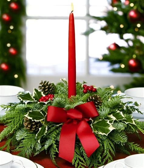 Evergreen Centerpiece With Red Candle Christmas Arrangements