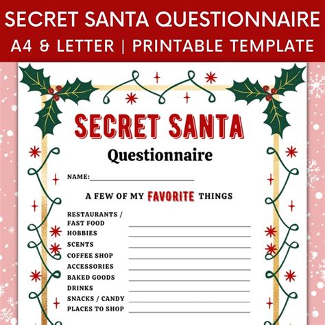 Printable Secret Santa Questionnaire For Christmas Gift Exchange